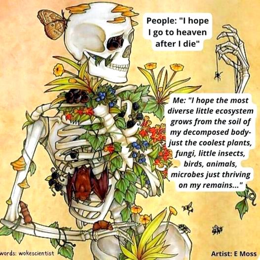 The meme features a cartoon skeleton with a body made of plants and flowers, with a quote from E. M. – “ I hope the most divers little ec